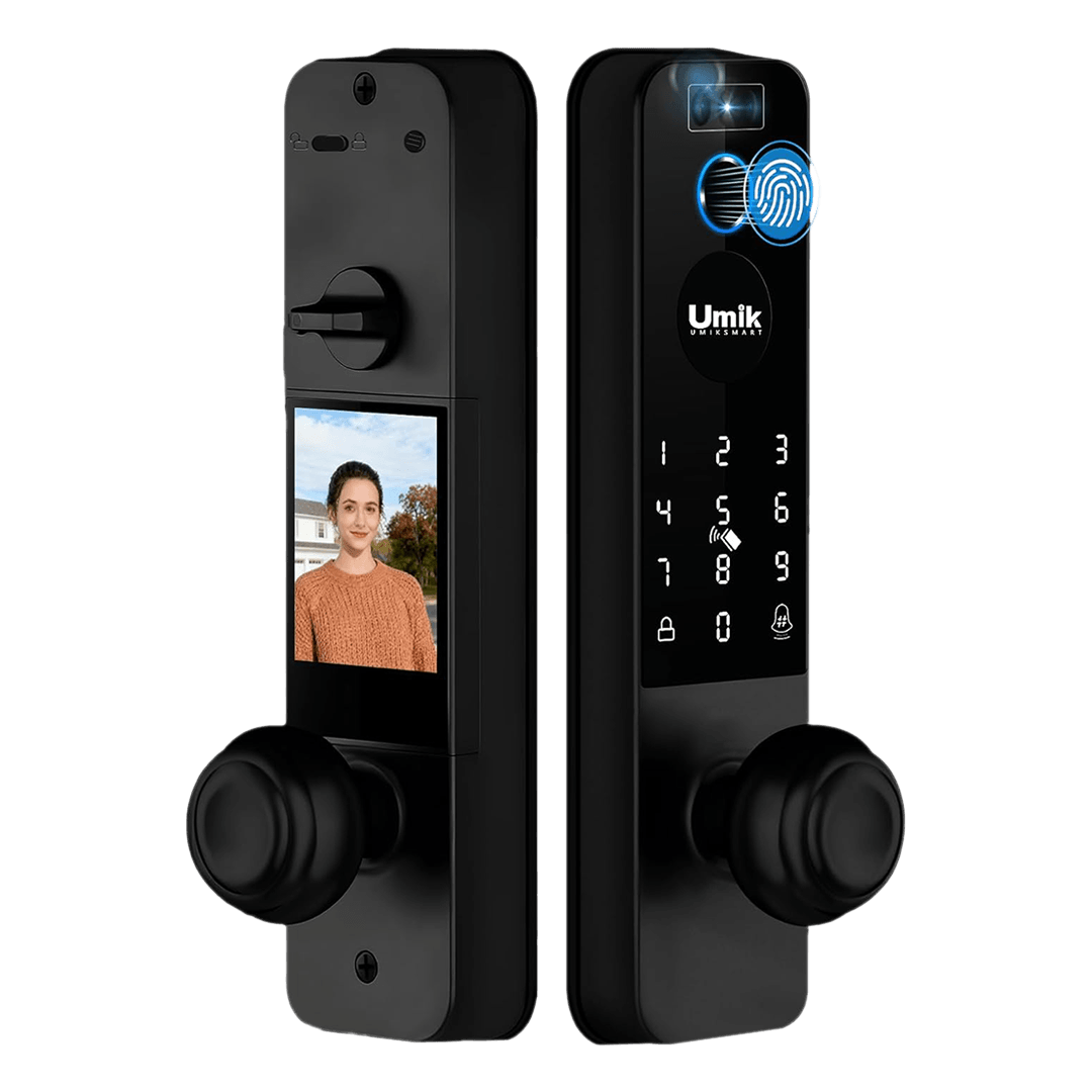 Umiksmart black video fingerprint smart door lock with touchscreen keypad, built-in camera, doorbell, indoor display screen and round handle