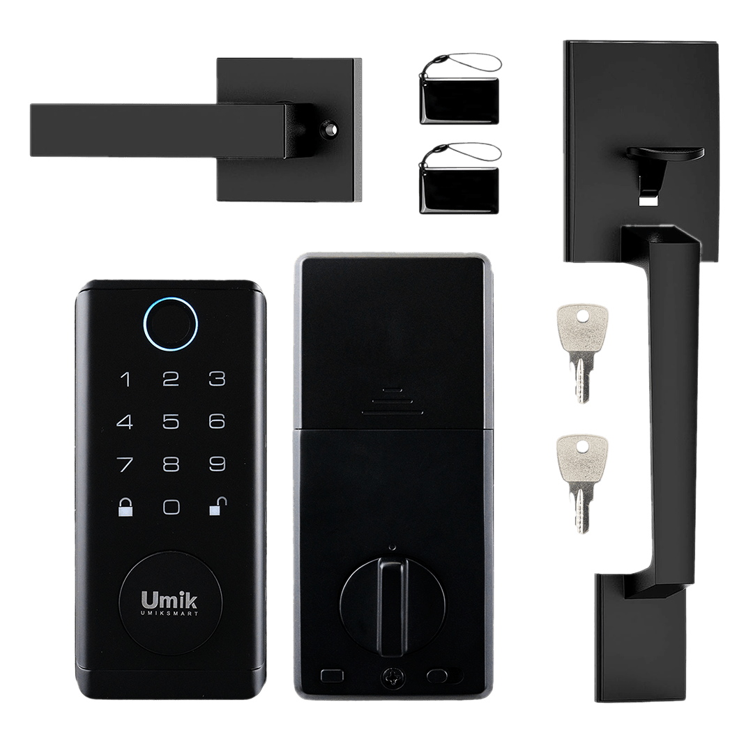 Complete Umiksmart keyless entry smart door lock kit with fingerprint keypad, interior deadbolt, handle set, RFID cards and backup keys
