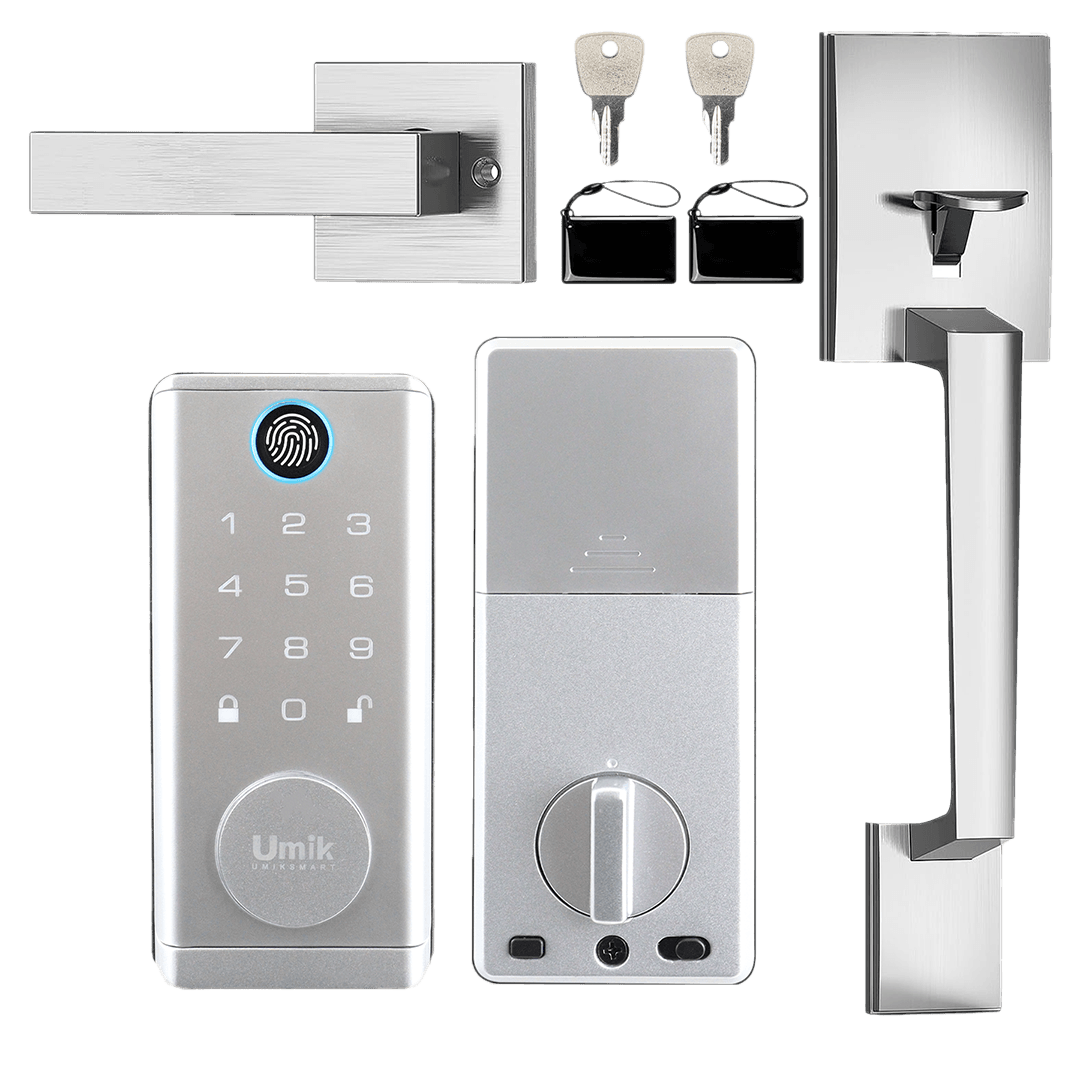 Complete Umiksmart silver keyless entry smart lock kit with fingerprint keypad, interior lock body, handle set, RFID cards and backup keys