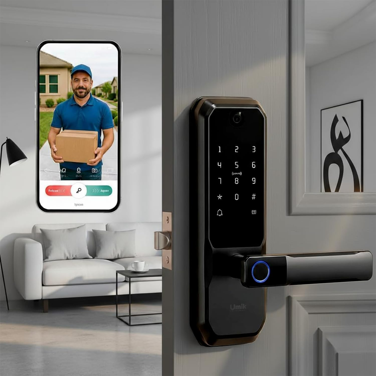 UMIKSMART WiFi Smart Door Lock, Camera Doorbell, Fingerprint, Metallic,Charcoal