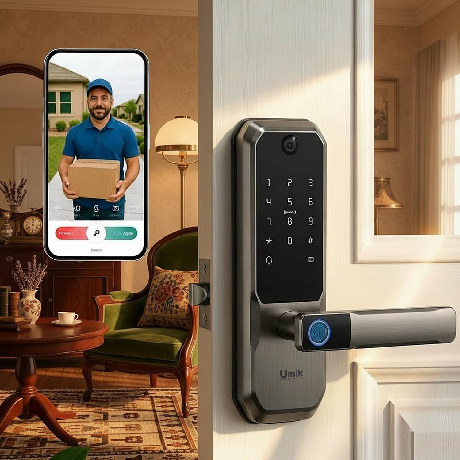 UMIKSMART WiFi Smart Door Lock, Camera Doorbell, Fingerprint, Metallic,Charcoal