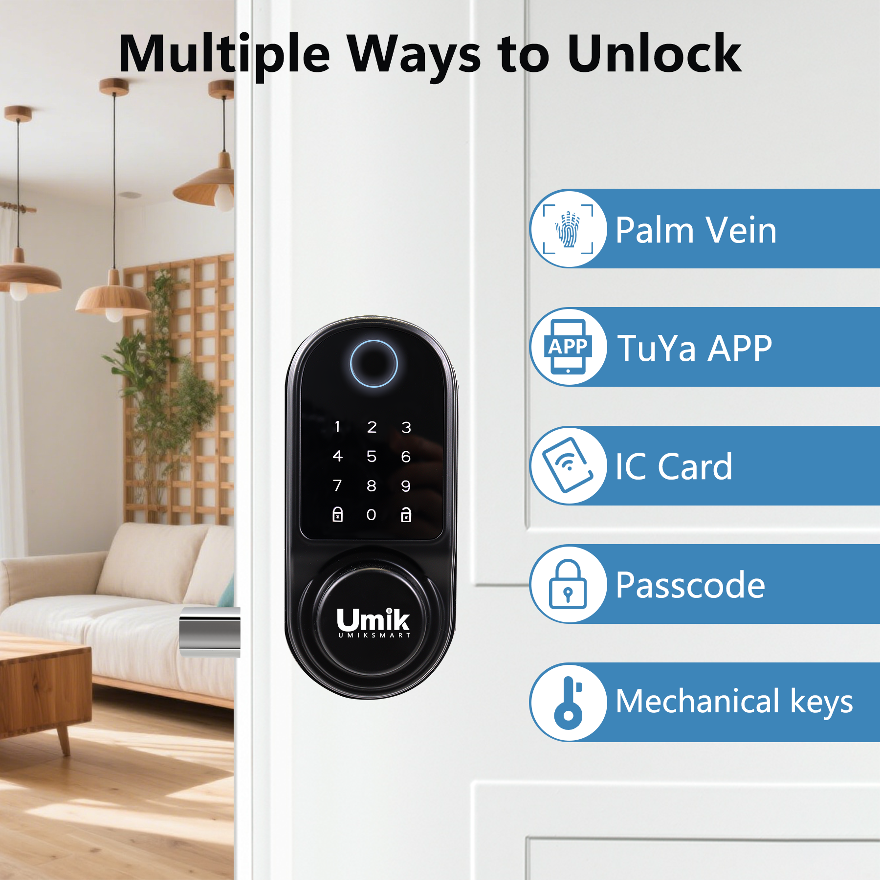 Smart Door Lock with Palm Vein, 5 in 1 Keyless Entry Door Lock, Electronic Keypad Deadbolt for Front Door, IP65 Waterproof, Easy Install, Auto Lock