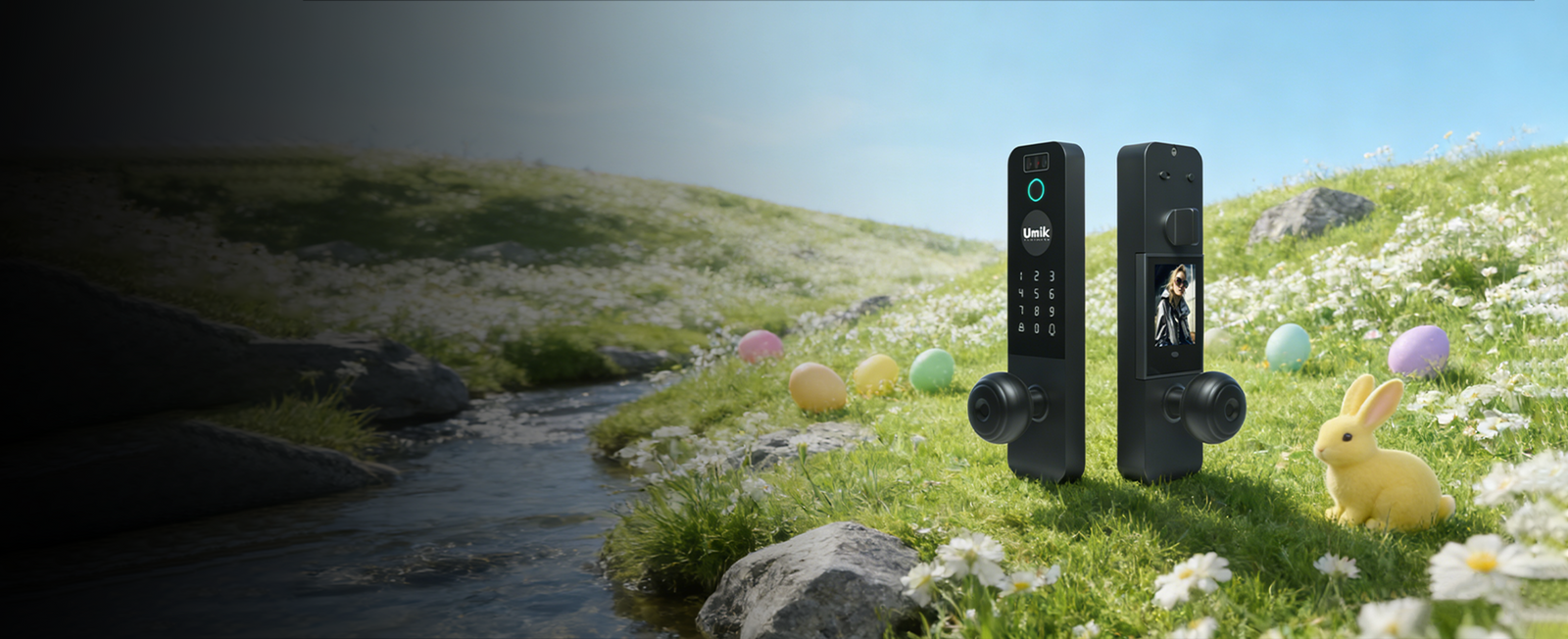 A couple using the Umiksmart smart lock at their front door, showcasing a secure and convenient smart home experience.