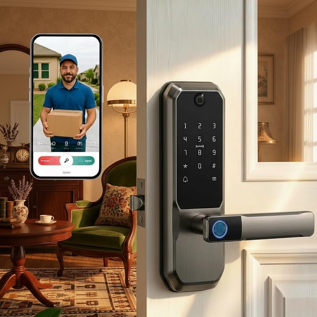 UMIKSMART WiFi Smart Door Lock, Camera Doorbell, Fingerprint, Metallic Charcoal