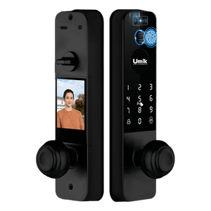 Umiksmart black video fingerprint smart door lock with touchscreen keypad, built-in camera, doorbell, indoor display screen and round handle